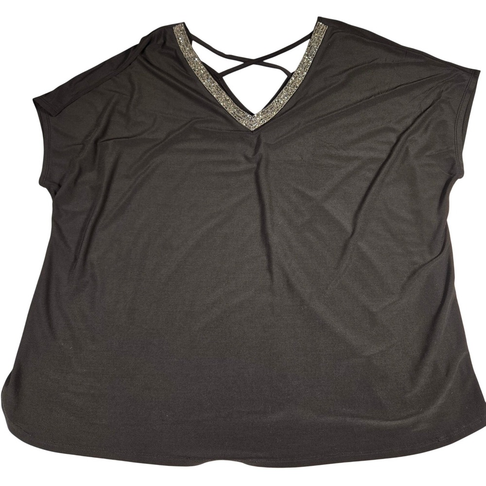 PerSeption Women Black V-Neck Rhinestone Trim Strappy Back Blouse 3X